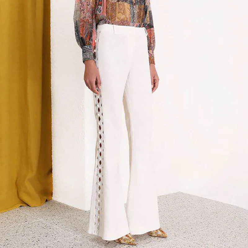 MIAOQING Casualsolidcolorhollow-out women'stunic high-neckbubble-sleevotoslimbody wide-legtrouserstwo-pieceelegantspring2019