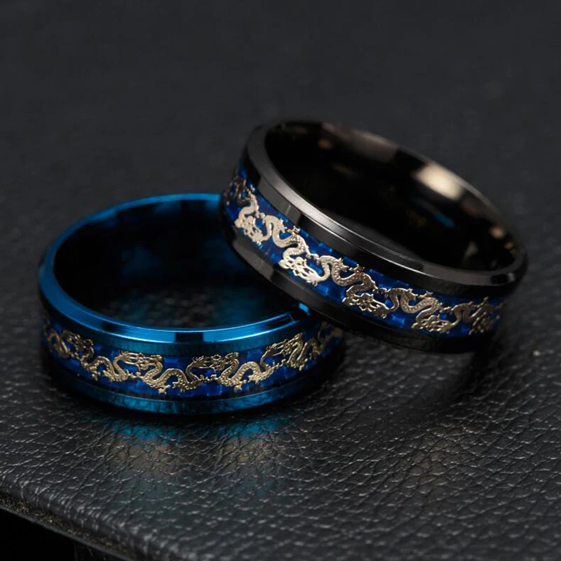 Hot Sell Vintage Chinese Dragon Black Gold Blue Plated Ring Jewelry Wholesale Direct Sales Men Stainless Steel Rings For Women | Украшения