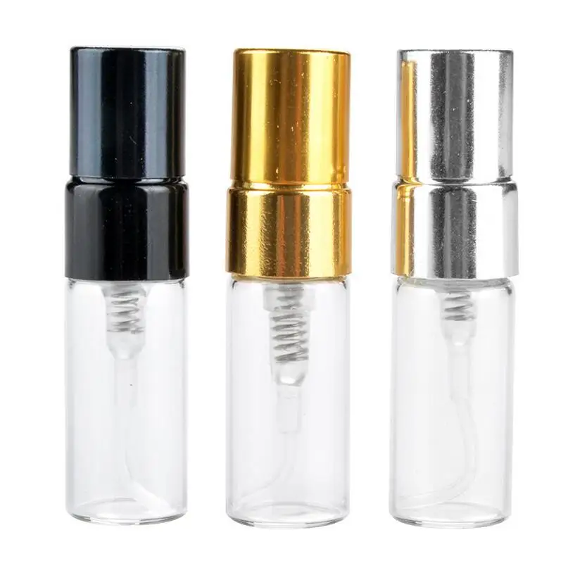 

Оптовая продажа, стеклянный мини-распылитель 3 мл пустая бутылка для парфюма черного, золотого и серебряного цветов, распылитель для путеше...