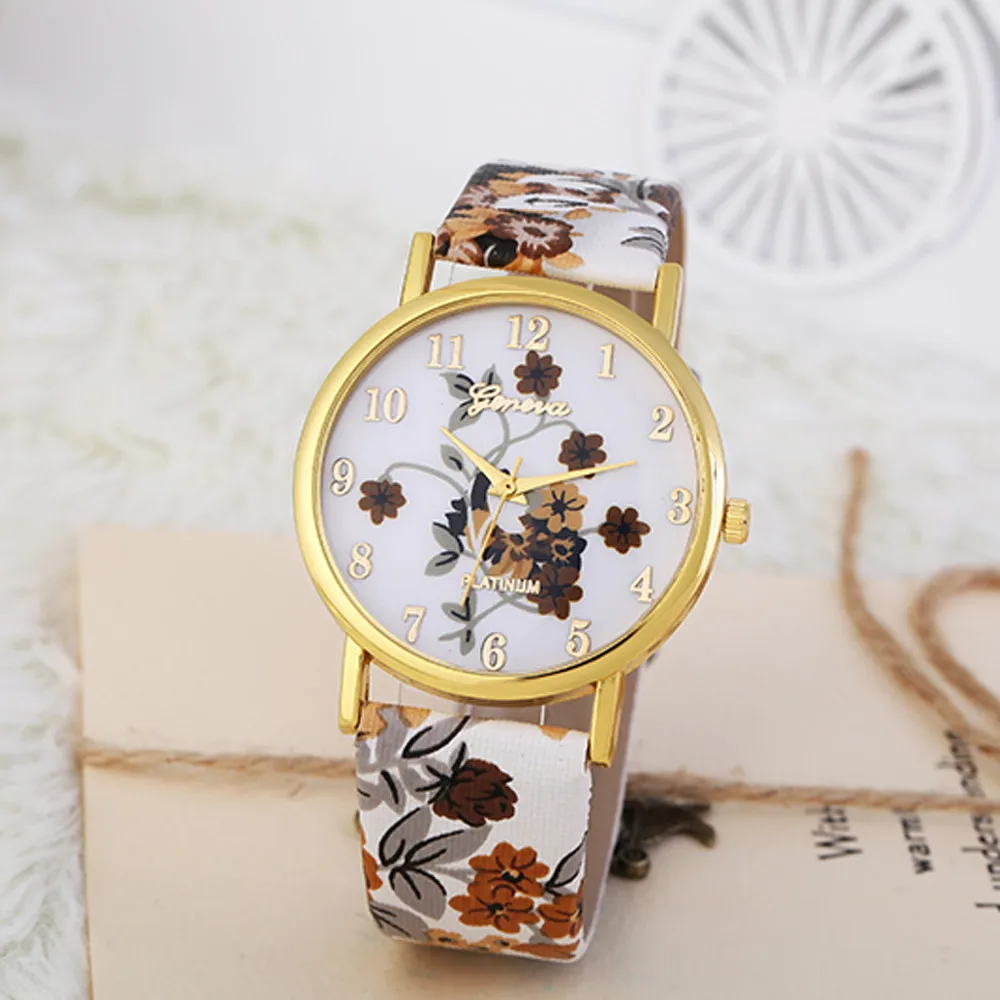 Новые модные кожаные женские часы 2018 Роскошные Лидирующий бренд с цветочным