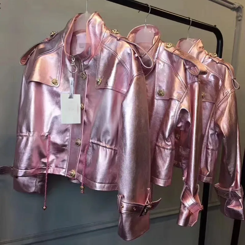 Женское пальто, модные женские куртки из овечьей кожи, мотоциклетная кожаная одежда из натуральной овечьей кожи, короткие женские милые розовые куртки