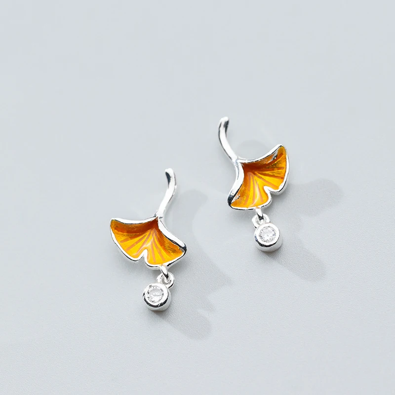 

MloveAcc Elegant 925 Sterling Silver Ginkgo Biloba Leaf Stud Earrings with CZ Fashion Women Party Ear Jewelry