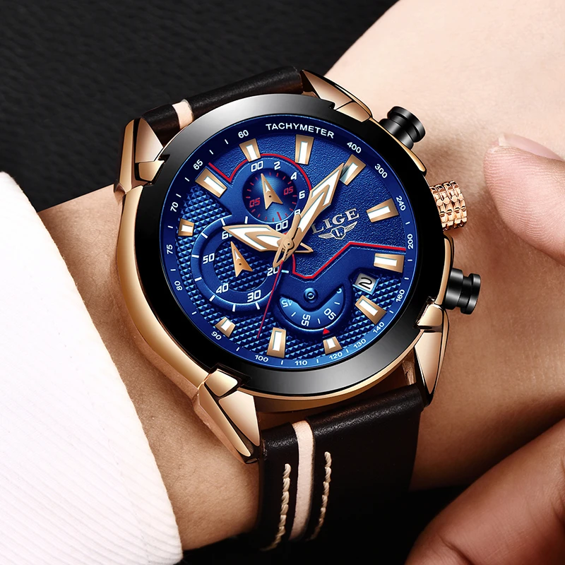 

Часы наручные LIGE мужские с кожаным ремешком, брендовые Кварцевые водонепроницаемые спортивные с хронографом, с датой, в стиле милитари, 2021