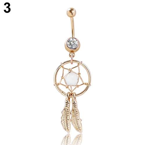 Золото тон Ловец снов перо Стразы бусины пупка кольцо Штанга 7HH6|belly button navel ring|navel