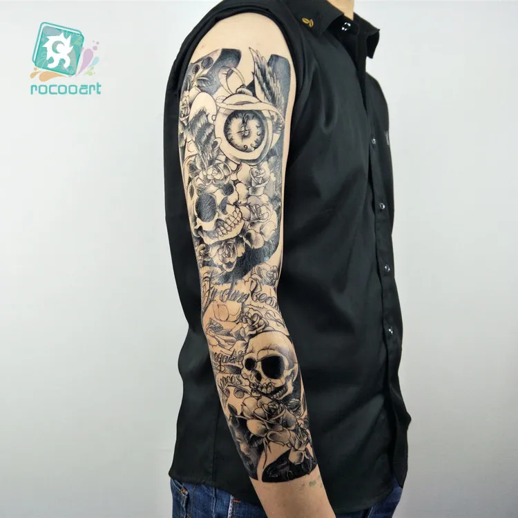 

Large Full Arm Temporary Tattoo Shoulder Black Terror Skull Waterproof Super Big Sleeve Fake Tattoo Stickers For Men