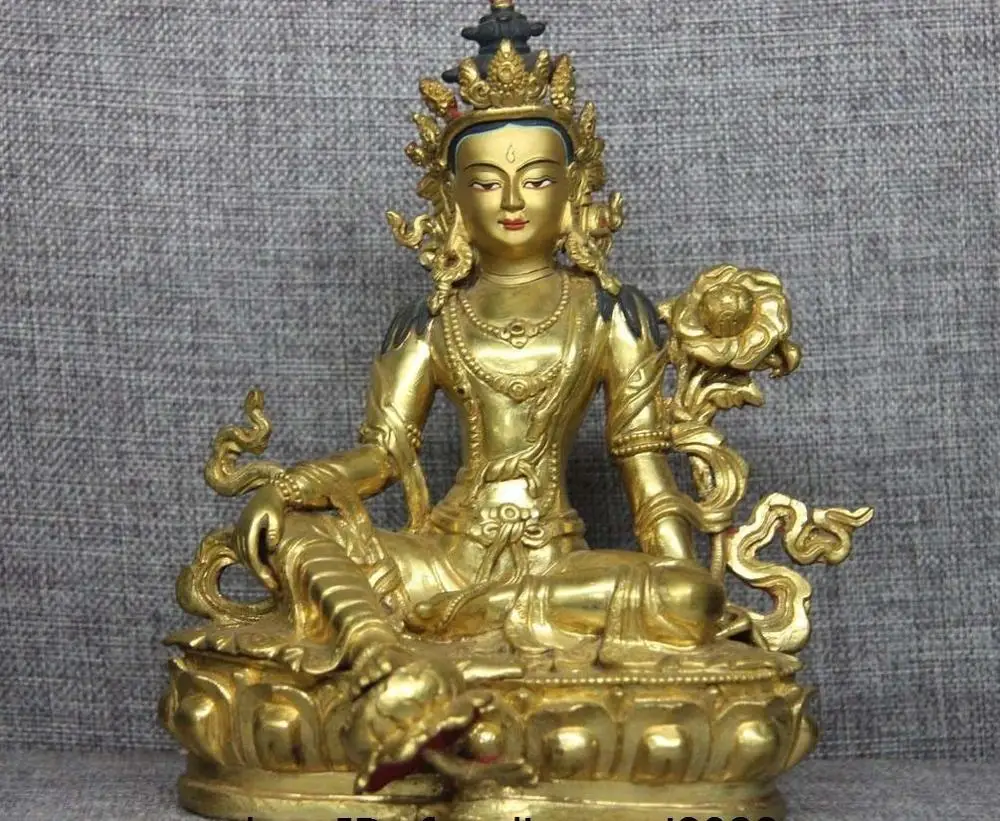 Тибетская Чистая медь и бронза 24 K золото зеленый Tara Kwan yin статуя Будды