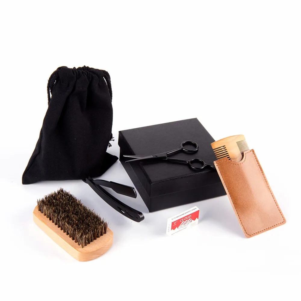 ZY Beard Grooming Kit For Men Boar Bristle Brush+Beard Scissors+Straight Edge Razor+Double Edged Hair Comb+Bag Perfect Gift | Красота и