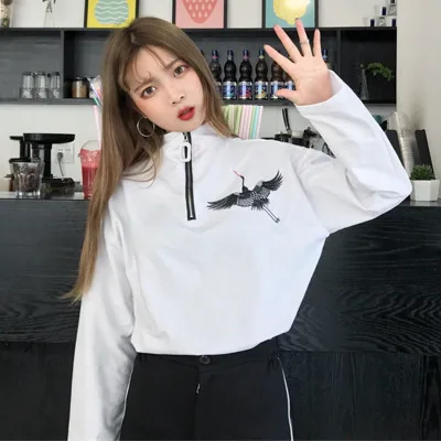see chart Новая Базовая рубашка Топ Весенняя Корейская Ulzzang Harajuku винтажная вышивка журавлей футболка с длинным рукавом женская футболка на молнии - Цвет: see chart