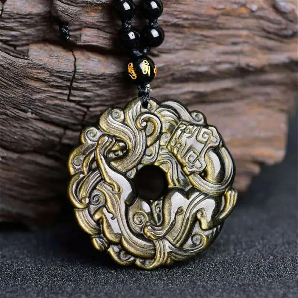 Genuine Natural Gold Obsidian Carving Pixiu Lucky Amulet Pendant Necklace For Women Men pendant | Украшения и аксессуары