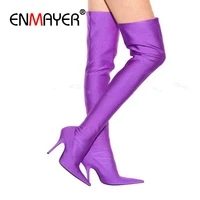 enmayer new big size34 43 sexy stretch boots high heels long boots women shoes knee high thigh knight boots pointy european cr78