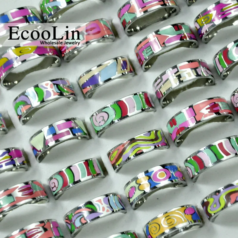 10 шт. EcooLin бренд Мода Эмаль Окрашенные кольца из нержавеющей стали для женщин ювелирные изделия много оптом LR4031