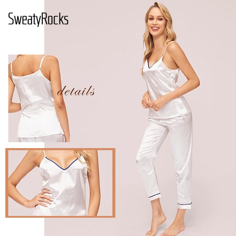 SweatyRocks Белый контрастный бинт атласный Cami PJ набор Спагетти ремень ночная рубашка летние длинные наборы женские элегантные пижамы