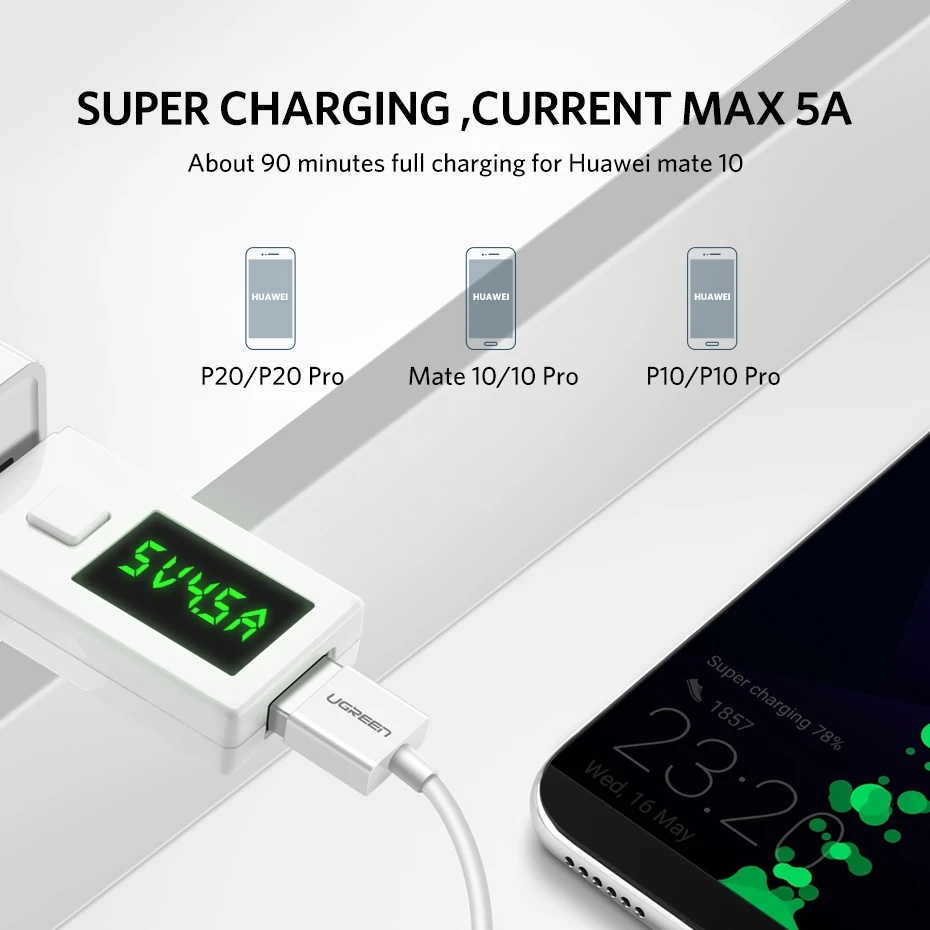 Кабель usb type c Ugreen 5A кабель для быстрой зарядки и передачи данных 3 1 Для huawei P20 P30 mate