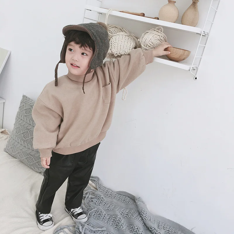 Осенне-зимние Детские корейские плотные вельветовые толстовки для мальчиков и девочек, Детские водолазки, хлопковая футболка с длинным рукавом, топы
