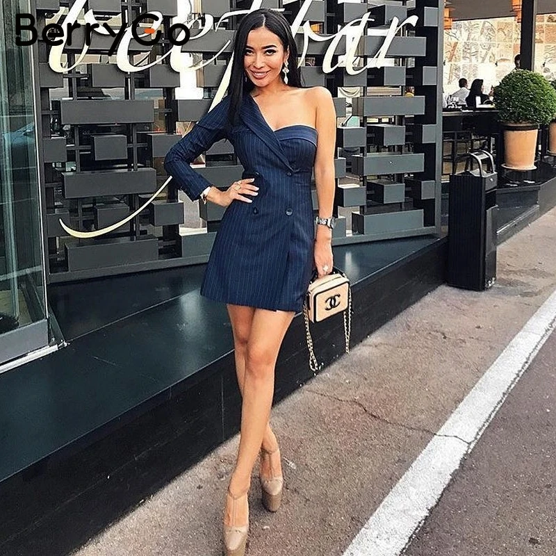 BerryGo полосатый Блейзер на одно плечо сексуальное платье 2018 зимнее офисное