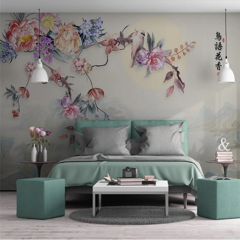 wellyu New Chinese hand-painted flowers and landscape TV background wall custom large mural wallpaper papel de parede | Обустройство