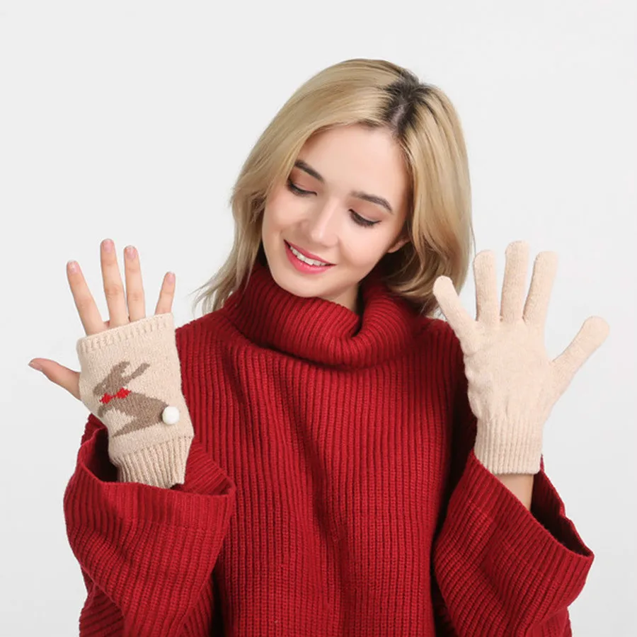 

Novelty Winter Gloves for Women Knit Warm Fitness Gloves Villus Mittens Writing gloves Dual-purpose gloves rabbit
