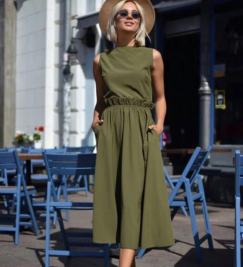 Летнее модное женское однотонное длинное вечернее платье с круглым вырезом и