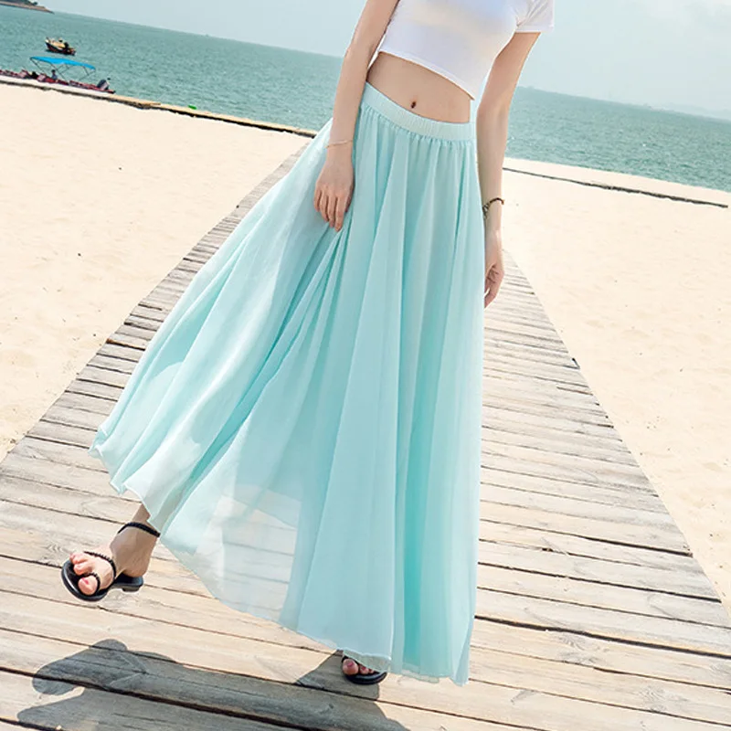 

Summer Bohemian Women Long Skirts 2019 New Large Swing Holiday Beach Skirt Fladas 15 Color High Waist Chiffon Casual Lady Skirts