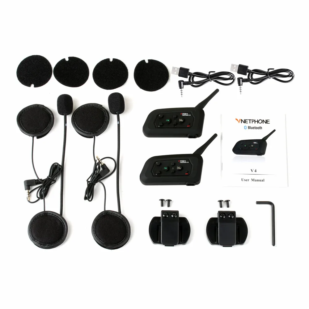 2Pc 1200M V4 BT Multi Interphone Bluetooth Intercom Waterproof FM Motorcycle Headphone Helmet Headset Communicator 4 Riders | Автомобили и