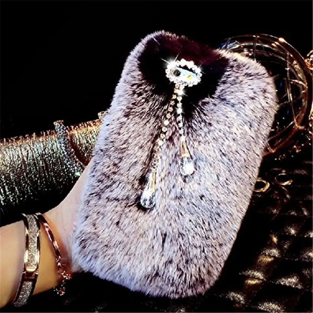 

Luxury Bling Crystal Pendant Soft Warm Fluffy Rabbit Fur Rhinestone Case Cover for Iphone X XS MAX XR 5S 6S 7 8 PLUS Phone Case