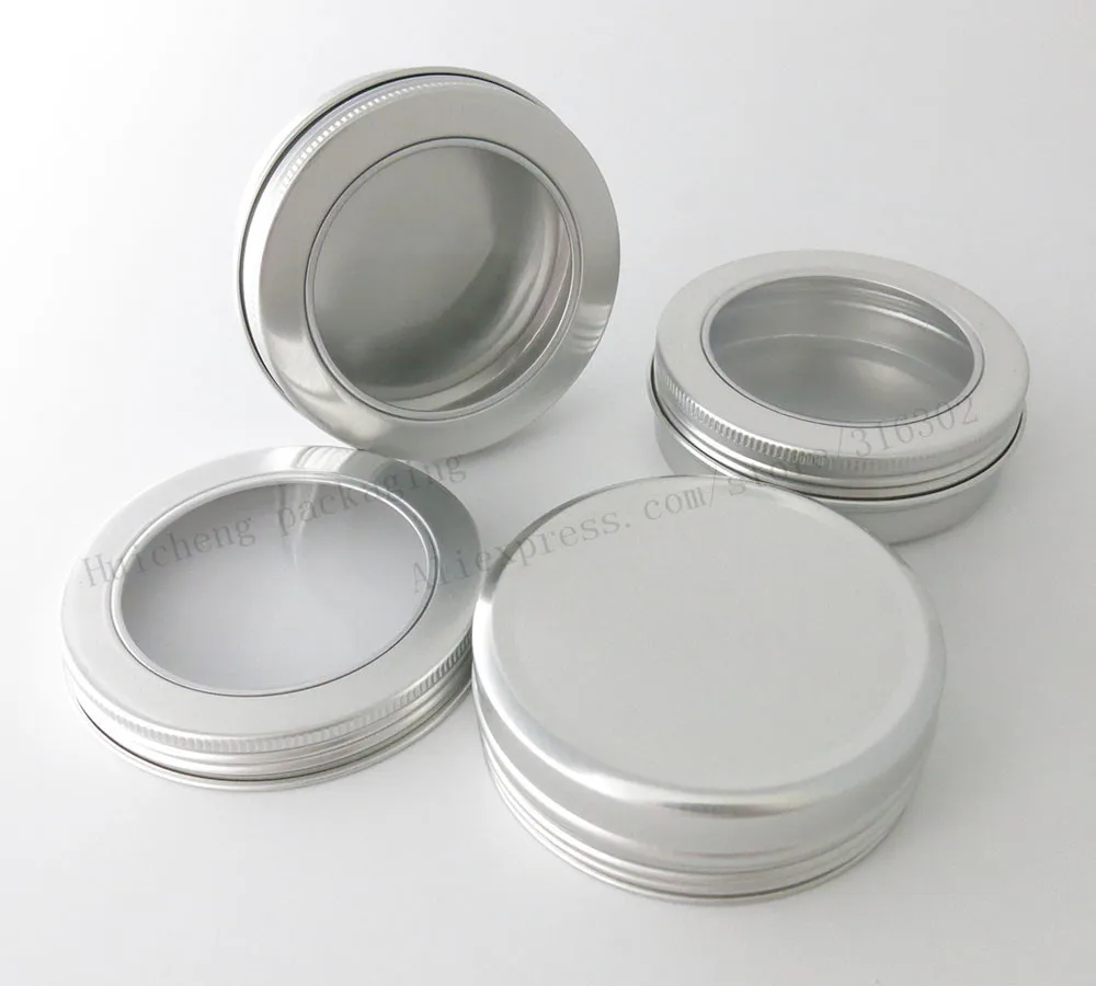 50 x 100g Aluminum Jar Container With Window 100ml Metal Display Tin for cream, sugar, storage, display, jewelry glitters use
