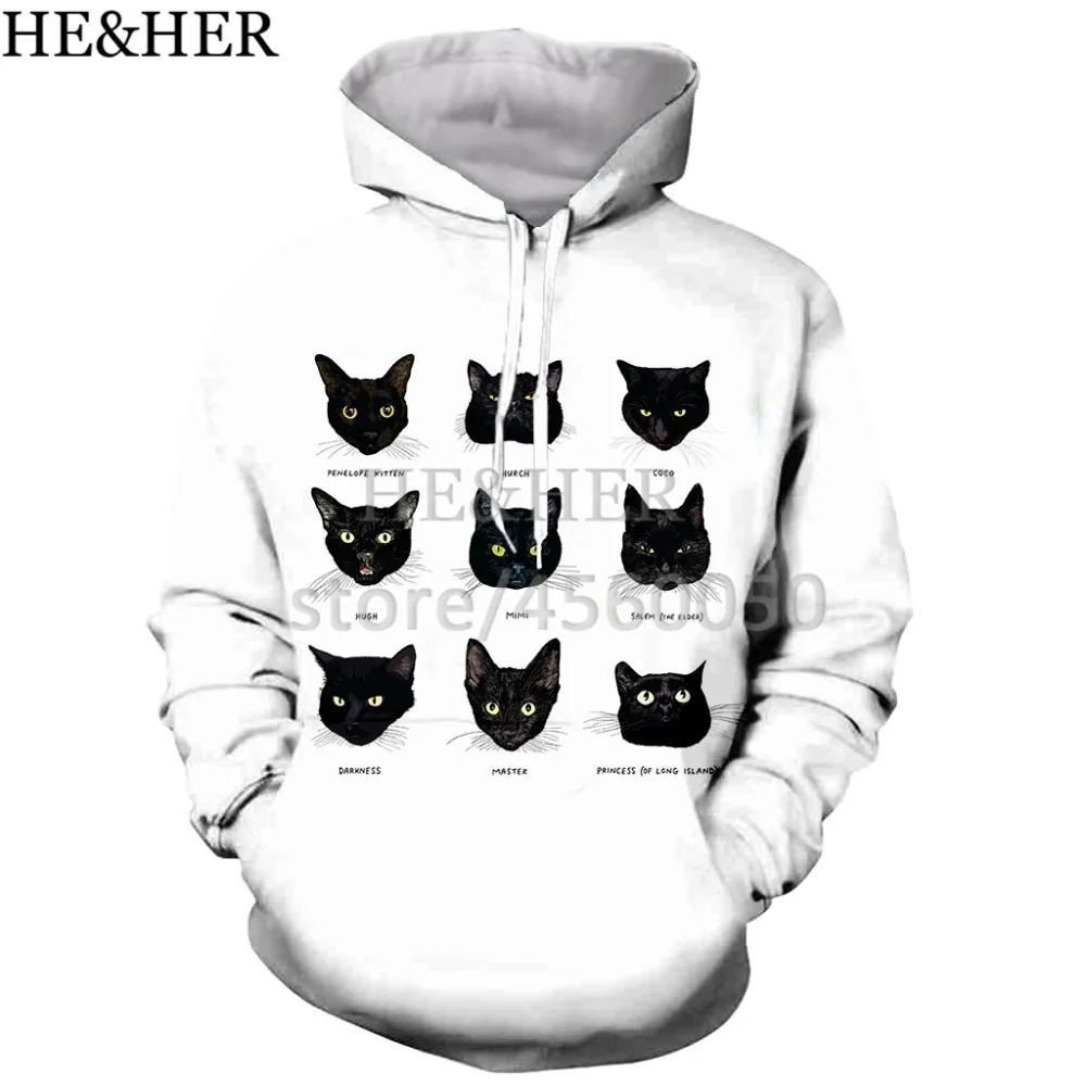 fashion black cat 3D printed men hooded hoodie sweatshirt graphic casual streetwear pullover | Мужская одежда