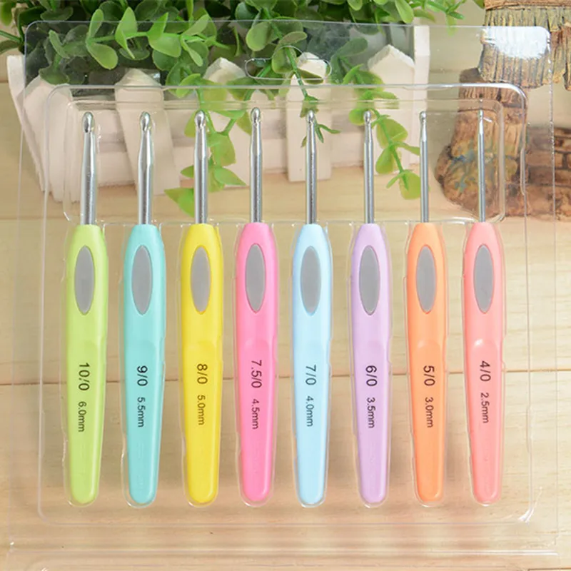 8 шт. Карамельный цвет мягкие крючки Пластик ручка Алюминий Вязание иглы комплект