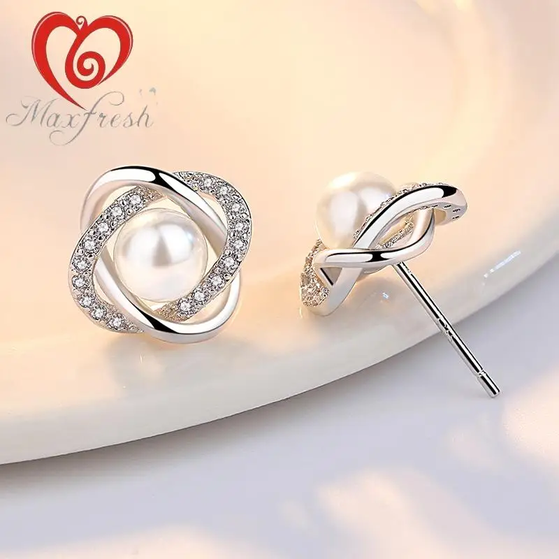 Maxfresh модные мяч кубический цирконий жемчуг 925 серебряные серьги для