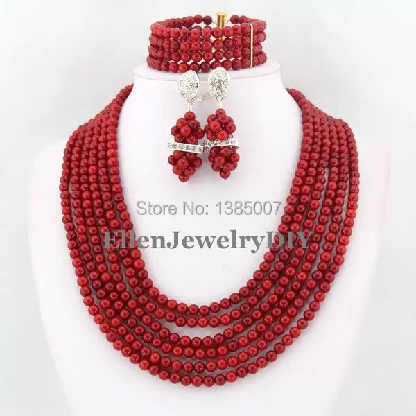 

Ювелирные наборы серебряного цвета с африканскими и нигерийскими коралловыми бусинами, комплект из ожерелья, браслета и сережек кораллового цвета, свадебное ожерелье TL1302