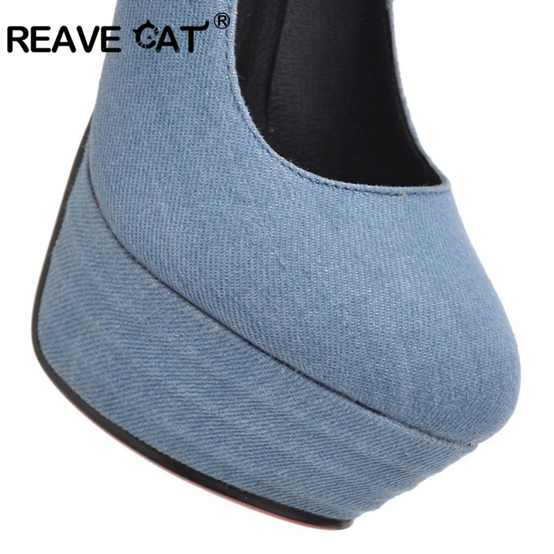 REAVE CAT/ бренд, большие размеры 34-43, женские туфли из джинсовой ткани с круглым носком на заказ пикантные женские ботильоны на очень высоком каблуке, A279