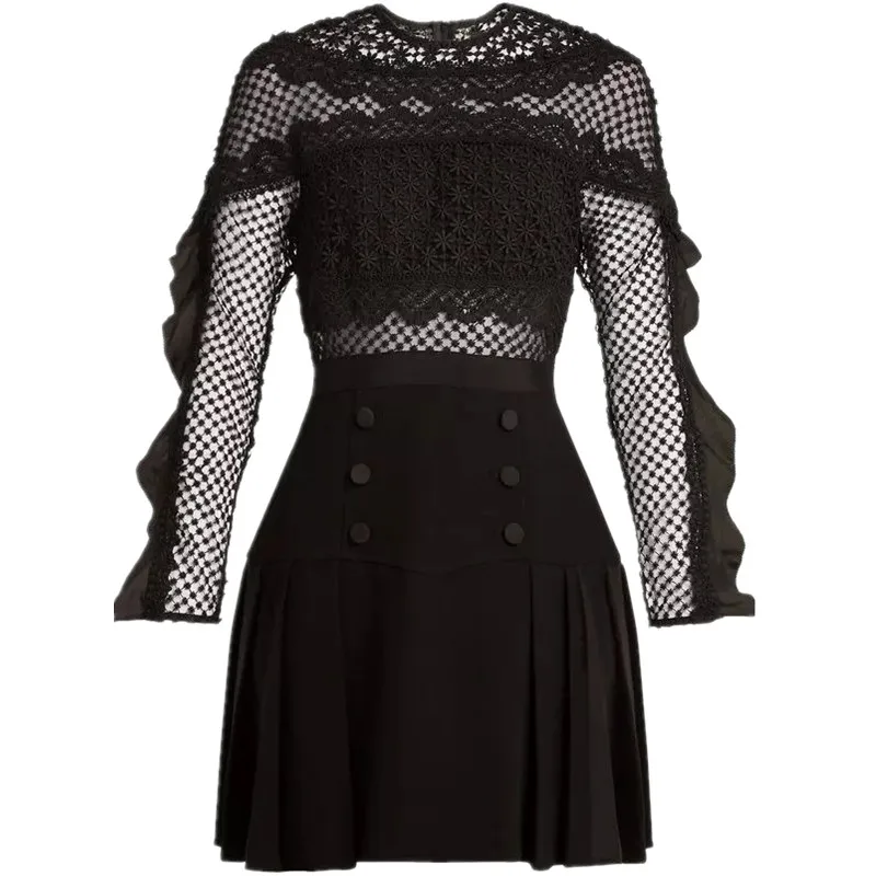 Женское короткое платье черное кружевное весна-осень 2019 | Женская одежда