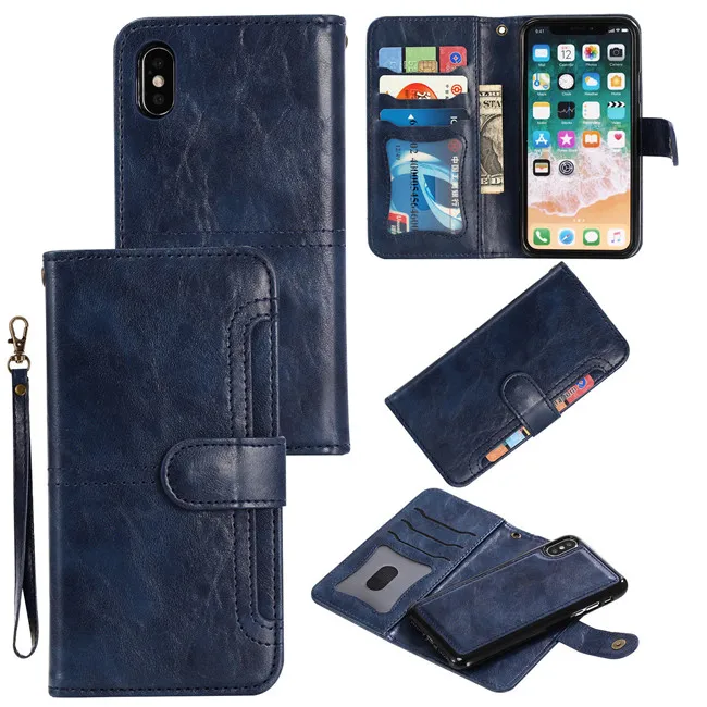 Для iPhone 11 pro XS Max XR 7 8 Plus pu ретро кожаный бумажник съемный магнитный 2в1 съемный чехол для фото карты - Цвет: Blue