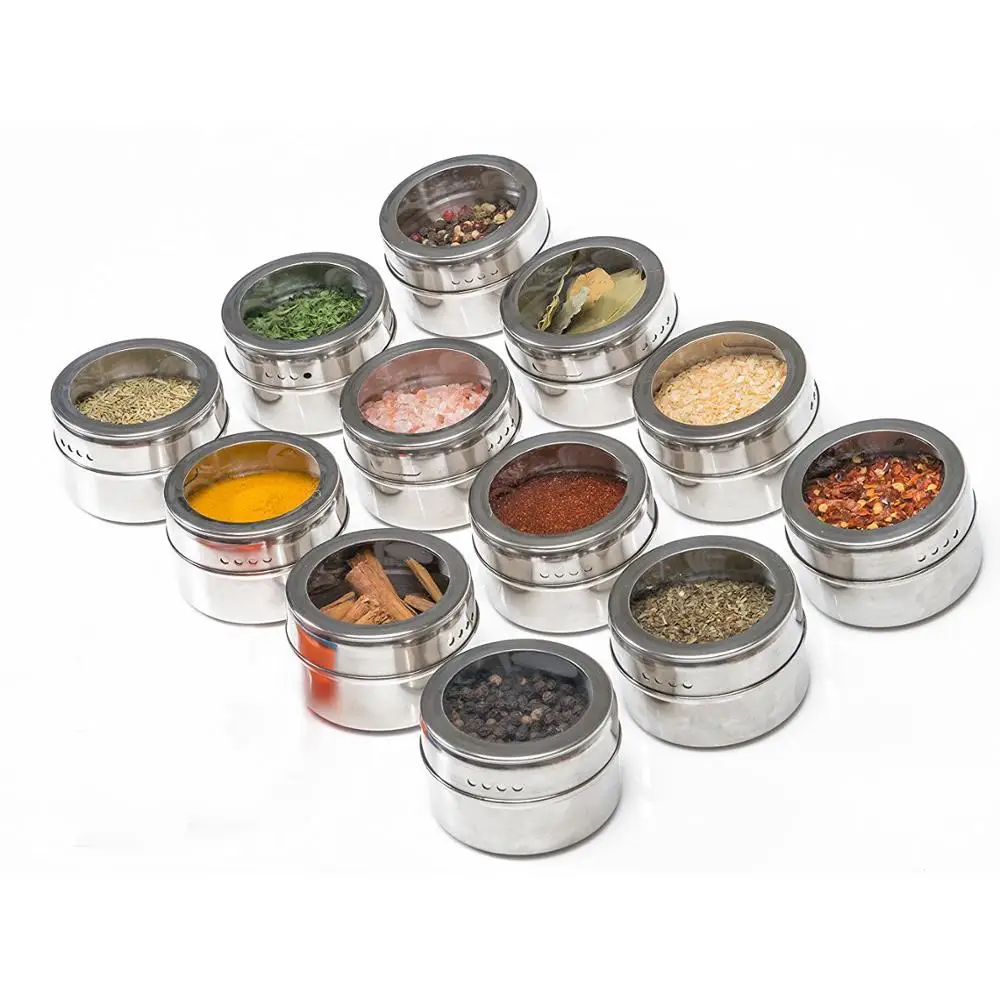 12Pcs Magnetic Spice Jar Set With Stickers Stainless Steel Tins Storage Container Pepper Seasoning Sprays Kitchen Tools | Дом и сад