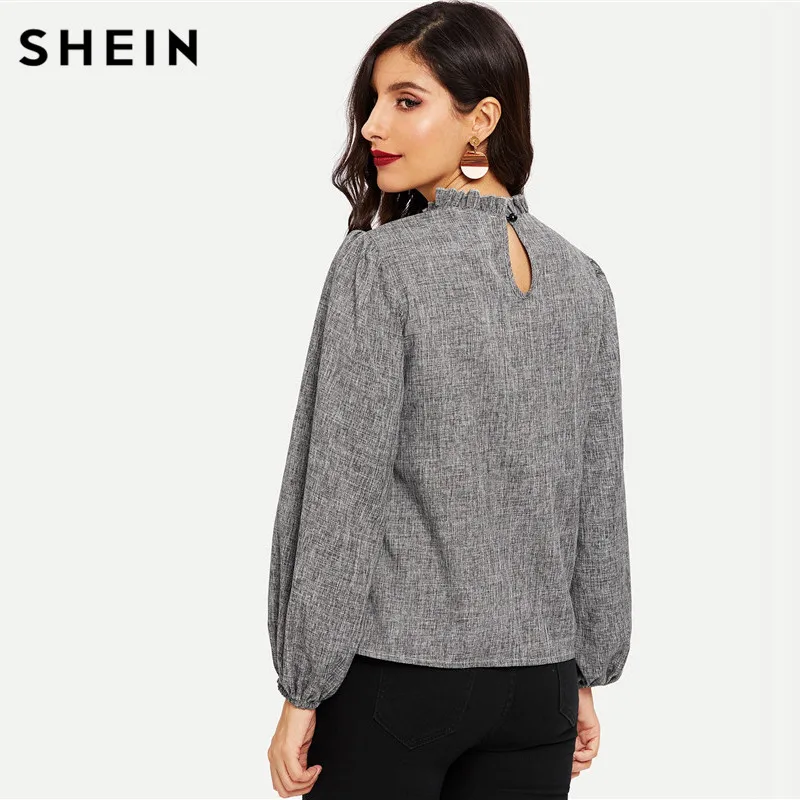 SHEIN Топ С Пуговицами И Оборками Женская Офисная Блузка С Длинным Рукавом С Воротником-стойкой