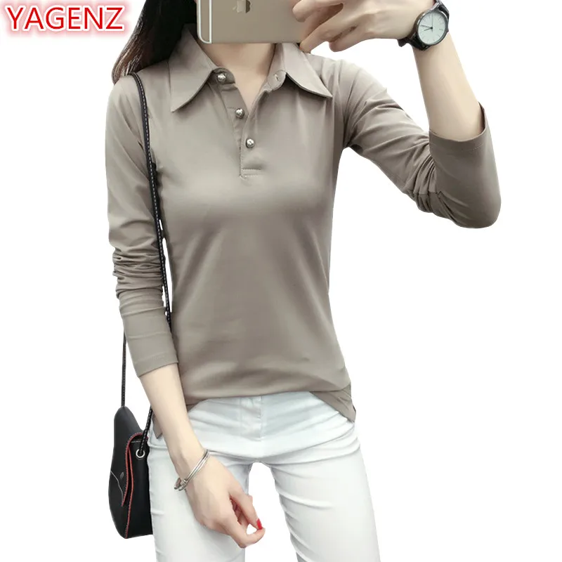 

YAGENZ Pullover Women T-shirt Tops Fashion Solid color Spring Autumn Young lady T-shirt Tops Slim Lapel Long sleeves T-Shirt 912