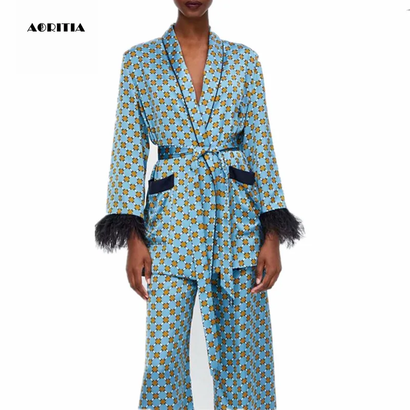 Женский комплект из двух предметов пиджак с длинным рукавом и брюки принтом