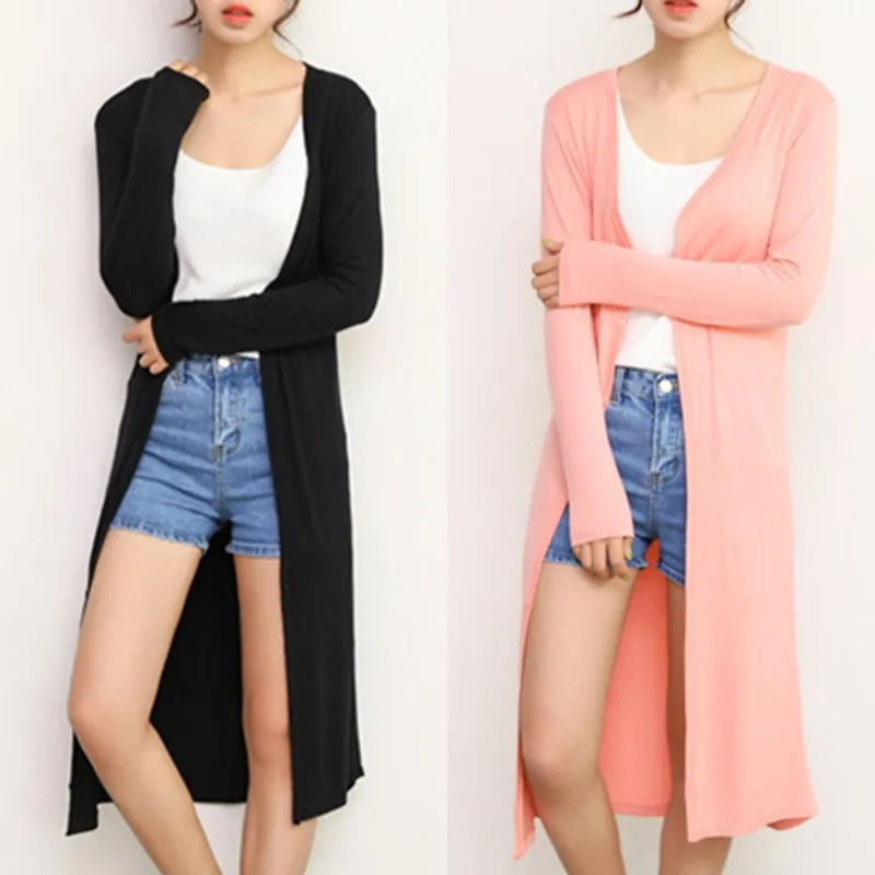 Korean 2019 Women Summer Thin Kimono Cardigan Long Sleeve Loose Hem Outerwear Black white tops 12 colors |
