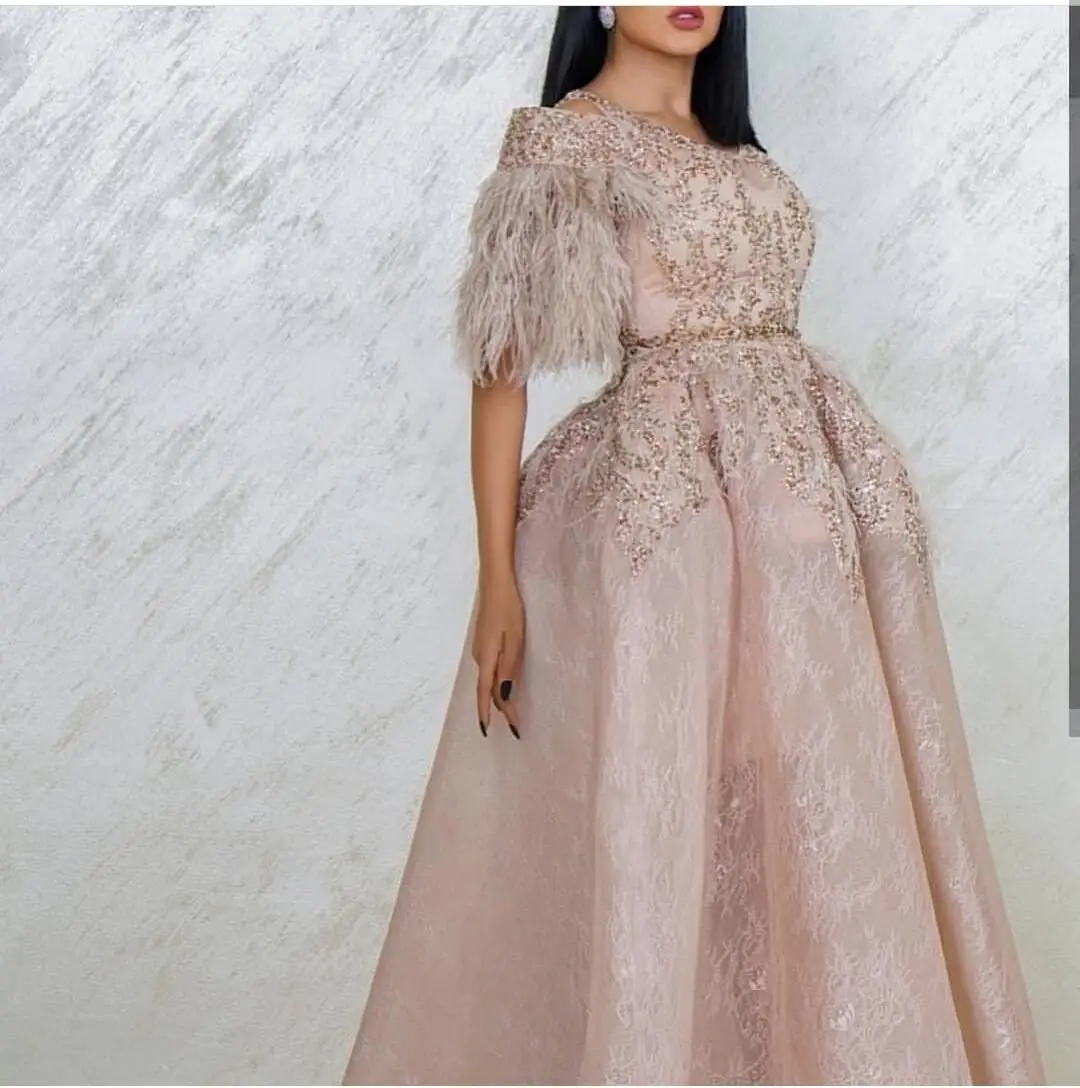 Новое поступление, Vestidos De Formature, v-образный вырез, вышитый бисером Топ, короткий рукав, перо, с кружевами длиной до лодыжки, платья для выпускного вечера