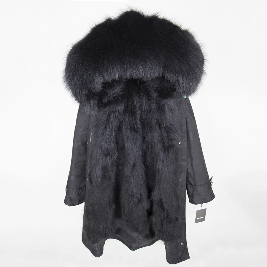 black camouflage OFTBUY, зимняя женская куртка, пальто с натуральным мехом, удлиненная Камуфляжная парка, воротник из натурального меха енота, капюшон с мехом лисы внутри, уличная одежда - Цвет: black camouflage