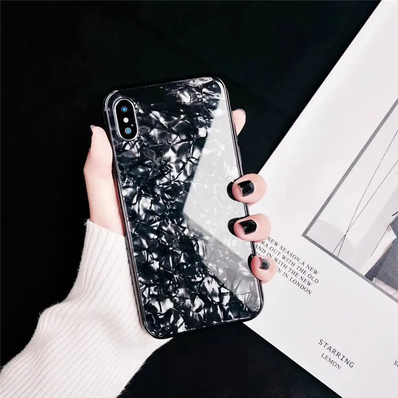 Fashion Tempered Glass Conch Shell Phone Case For iPhone X 6 6s 7 8 Plus Glossy Hard Back Soft Edge Shockproof Protect |
