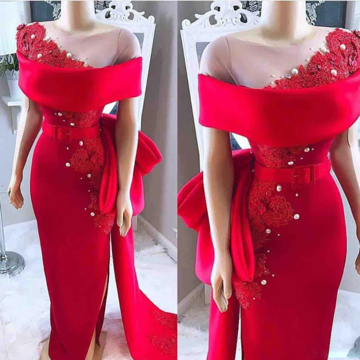 

Saudi Arabic Red Evening Formal Dresses Sheer Neck Bow Sash Lace Applique Pearl Sheath Satin Side Split African Prom Party Dress