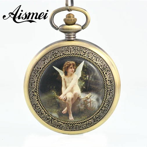 20pcs/lot New Western Style Angel Lover Bronze Steampunk Vintage Automatic Pocket Watch Elegant Sweater Watch Necklace wholesale