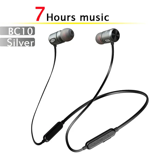 BC10-Silver-7h Беспроводные Bluetooth наушники, спортивные магнитные наушники, задняя подвеска, Bluetooth гарнитура для мобильного телефона - Цвет: BC10-Silver-7h