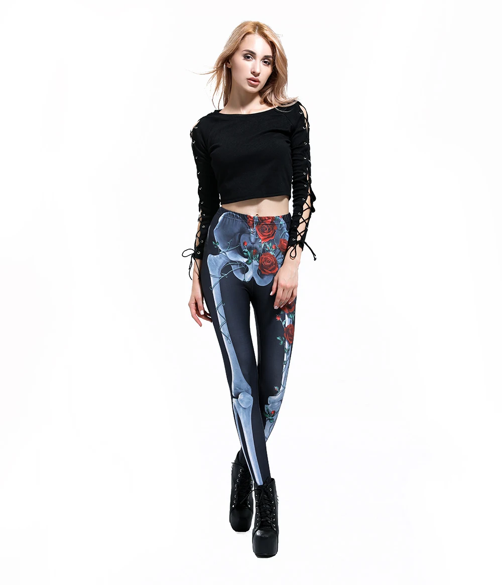

Elastic Casual Pants 3D Digital Printing Bone rose black Pattern Women Sanded Leggings 6 sizes Fitness Clothing Free Shipping