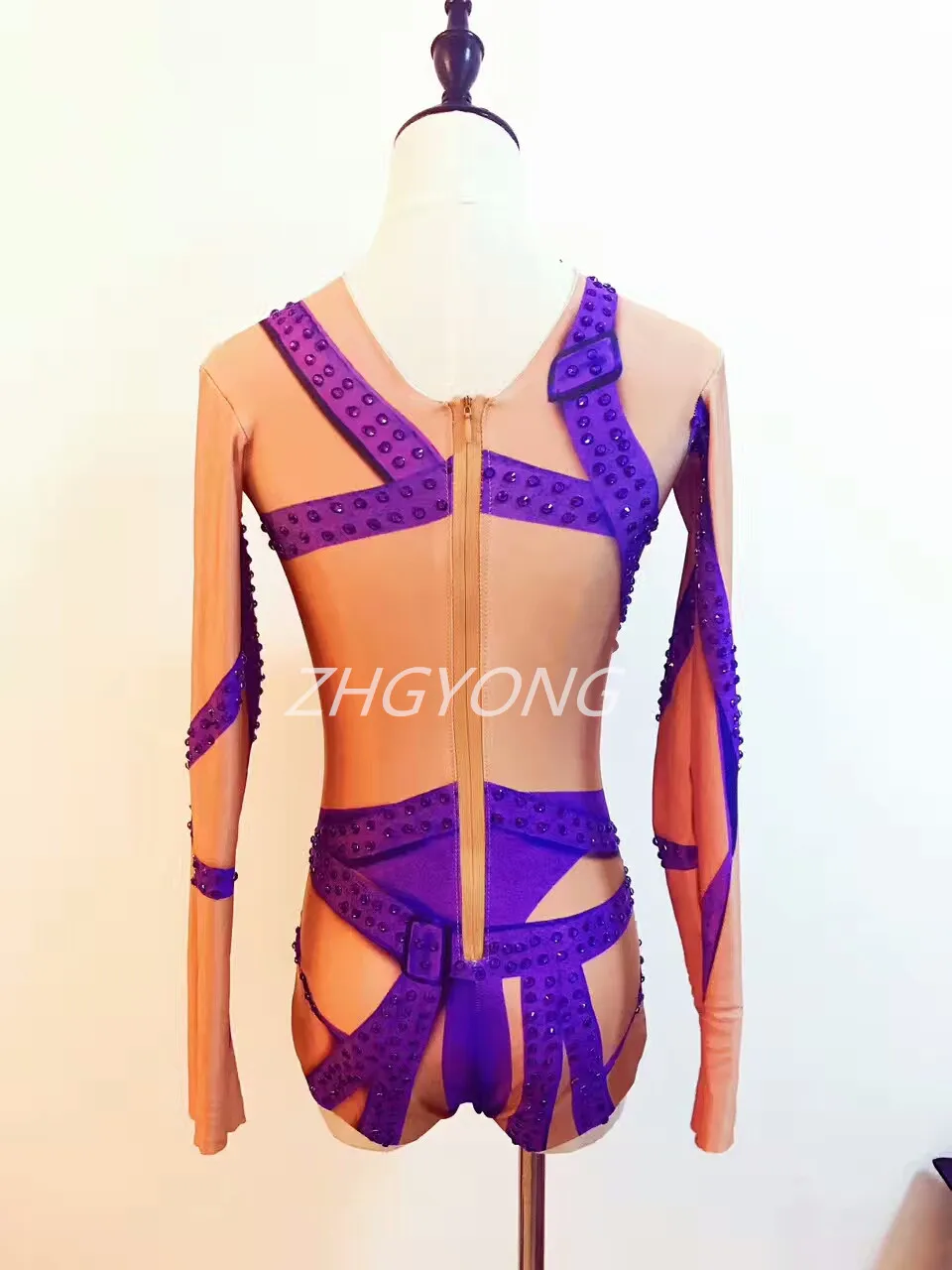 Purple leotard bodysuit Bright Crystals female sexy costumes Bar DJ DS performance Costume Nightclub Pole dancing stage clothing