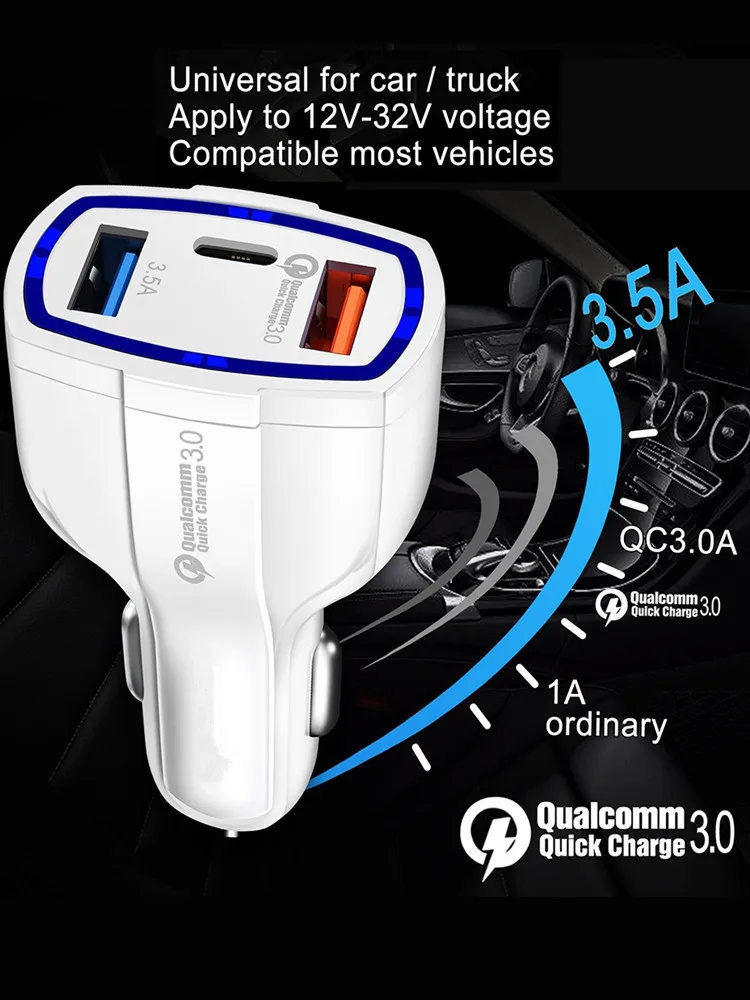 Автомобильное зарядное устройство USB двойное Type c PD быстрое QC3.0 5V 3A адаптер