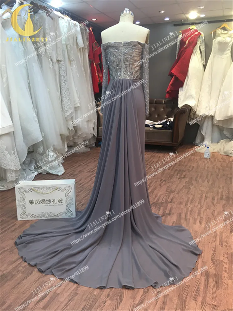 JIALINZEYI New Sexy Boat Neck Grey Long Sleeves Beads Sequins Chiffon Slit Mermaid Party Formal Dresses  Evening Dresses 2020