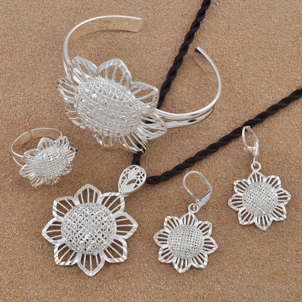Anniyo Ethiopian set Silver Color Pendant Rope Earrings Ring Bangle Flower Jewelry Wedding African #200106 | Украшения и