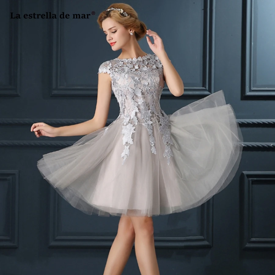 Vestido коктейльное новинка из кружева, с вырезом на шее с короткими рукавами трапециевидной формы Серебро Цвет персиковый, красное платье для вечеринки короткое sukienka koktajlowa